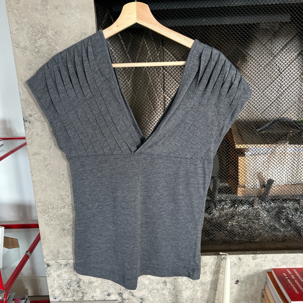 Gray V-Neck Pleated Top
